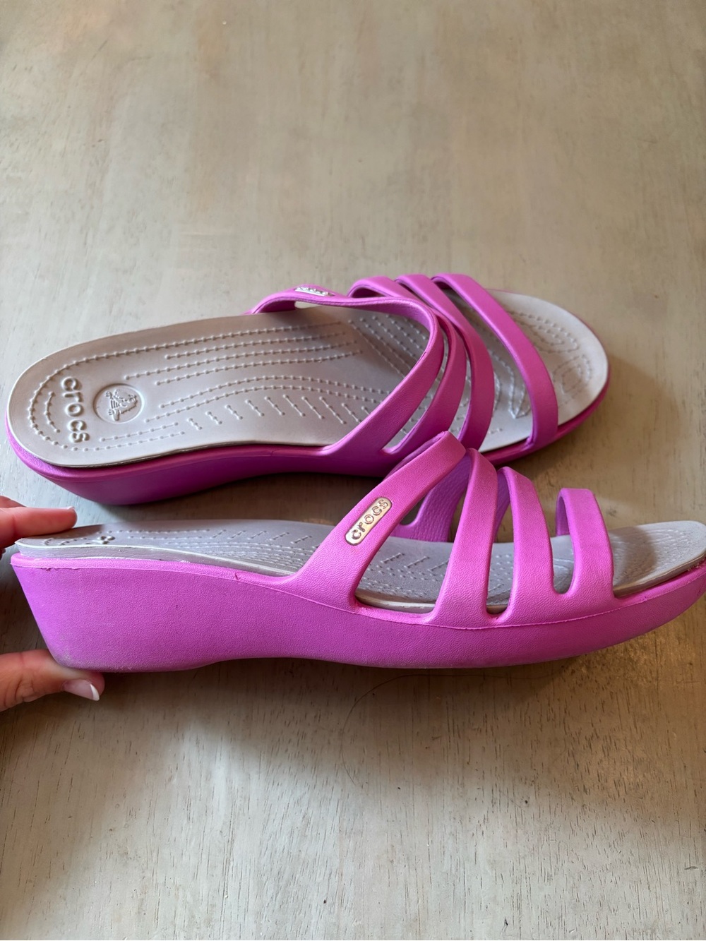 CROCS Pink Strappy Wedge Slide Sandals